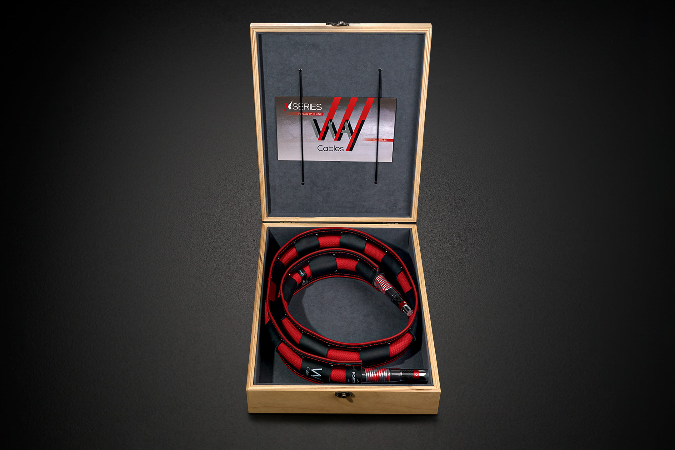 WAY Cables X-Series flagship audio cable in a luxury handcrafted wooden box with a certificate of authenticity. Home trial experience