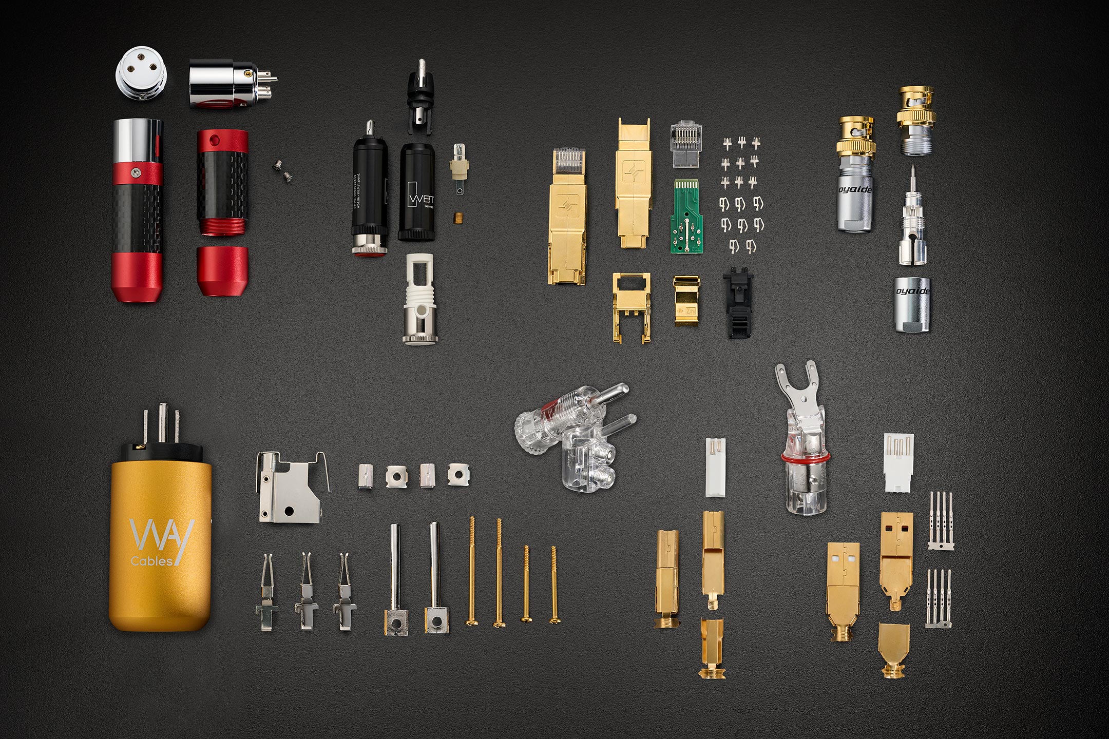 WAY Cables use pure silver connectors for X-Series cables, featuring world-first pure silver USB plugs and silver-over-gold RJ45 Ethernet connectors.