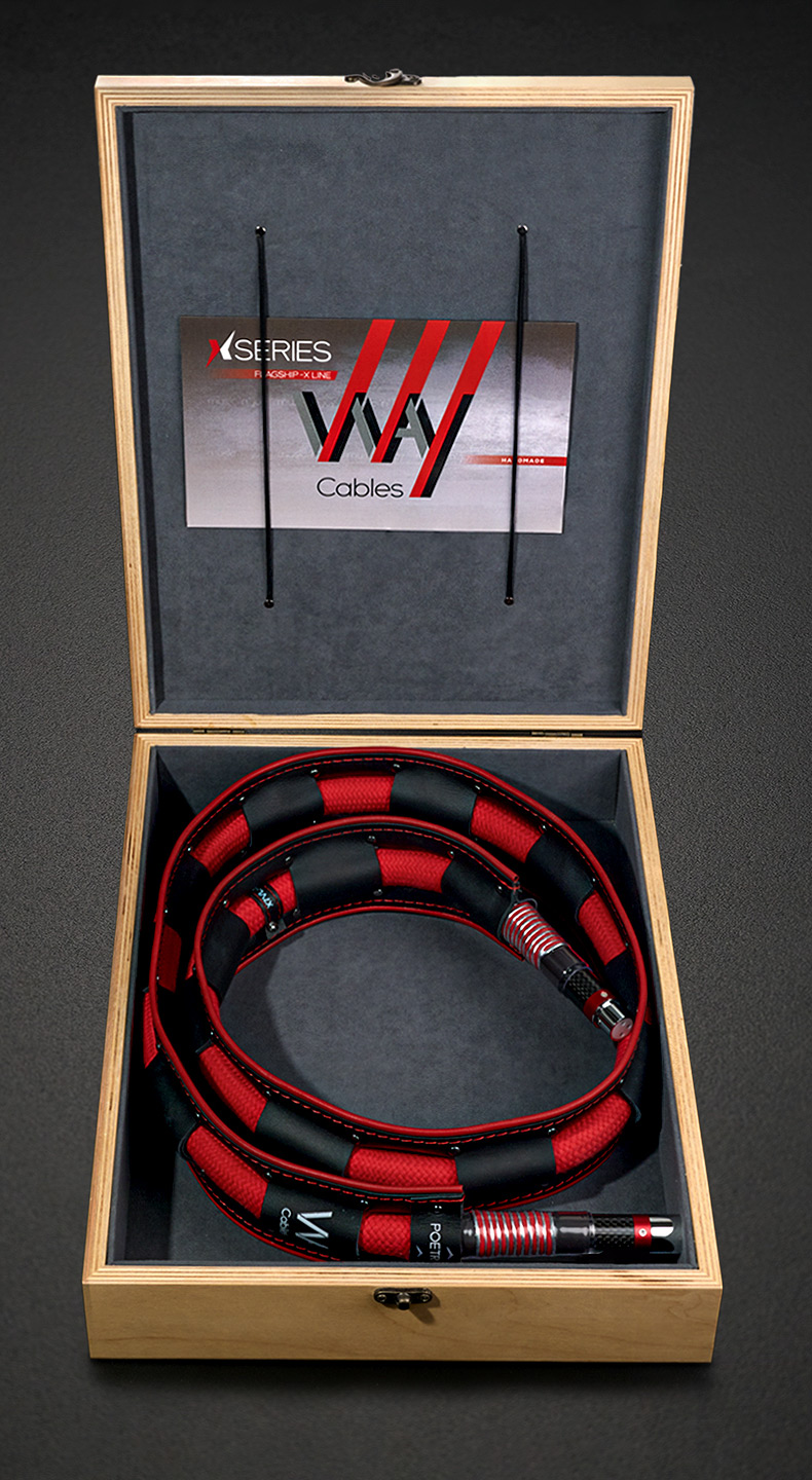 WAY Cables X-Series cable packed in a wooden box with a certificate of authenticity.